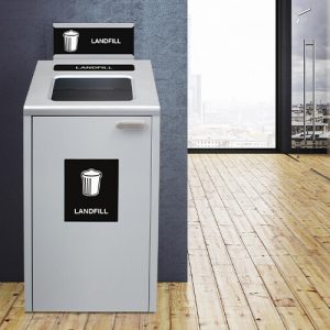 a gray large indoor bin in an office hallway